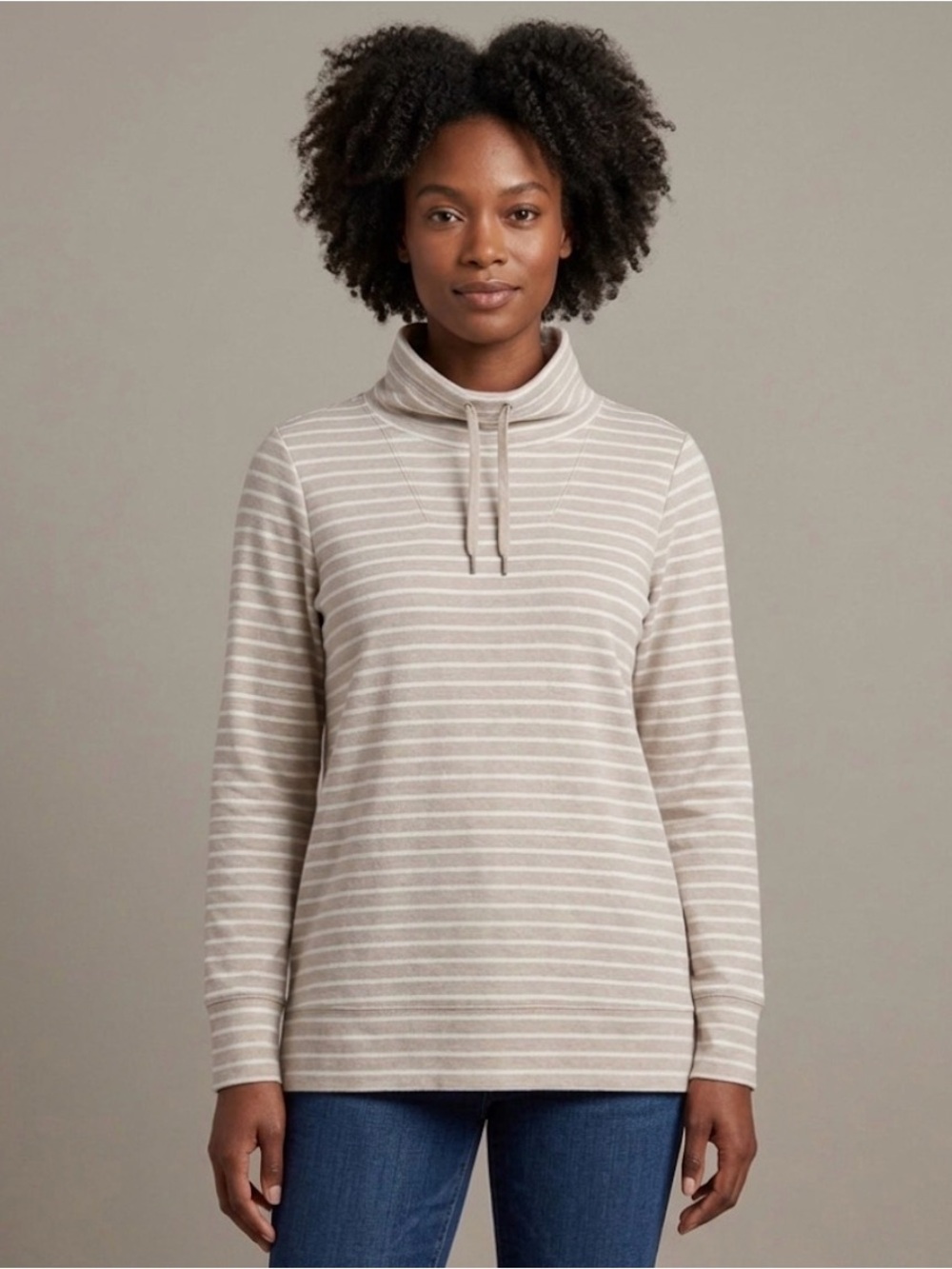 L.L. BEAN Ultrasoft Sweats Funnel-neck Pullover Oatmeal/White Stripe Size 1X